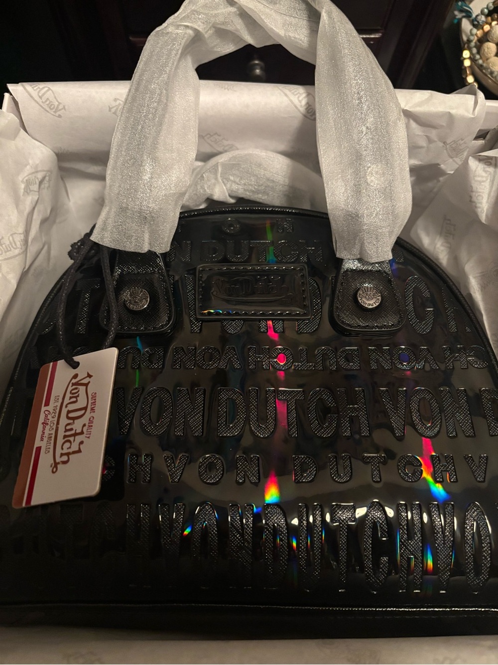 Von Dutch Black Holographic Logo Satchel Handbag “Bowling bag”